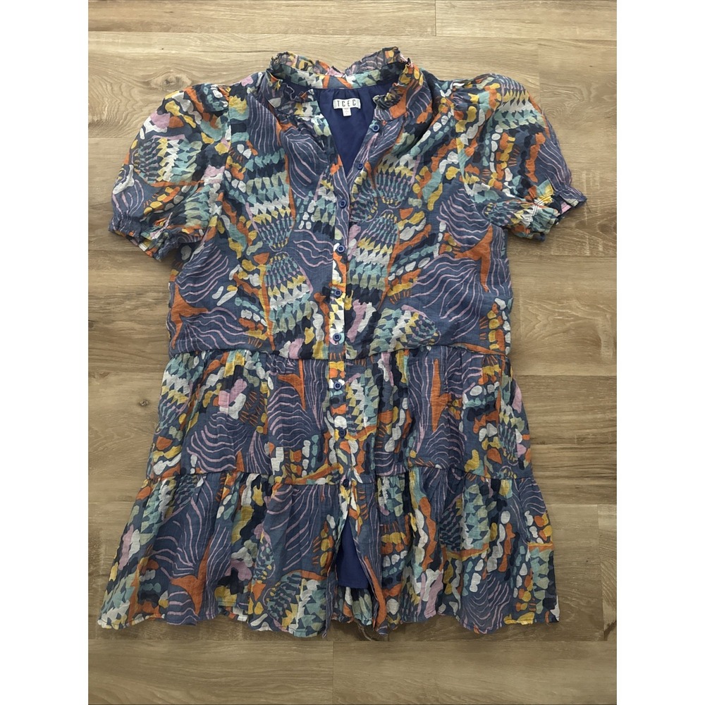 TCEC Dress‎ BLUE SAMIRA DRESS Size Large  Colorful Abstract Pattern Short Sleeve